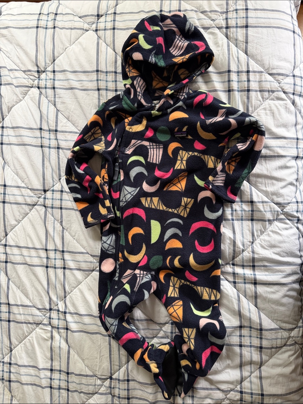 Patagonia Black Hooded Fleece One-Piece with Multicolor Crescent Print